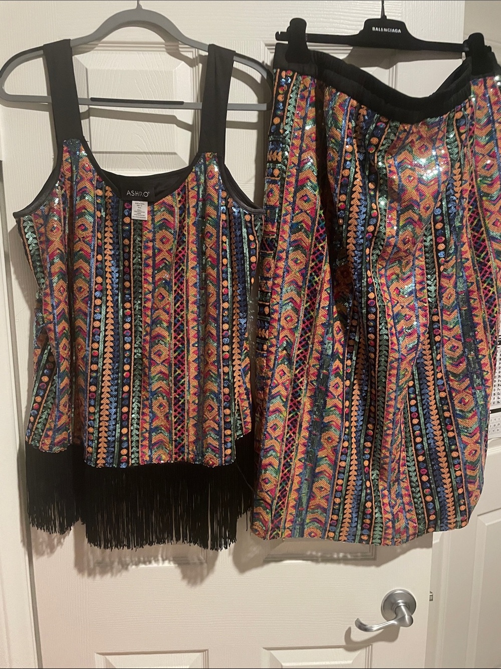 Ashro Multicolor Sequin Tribal Fringe Tank and Skirt Set